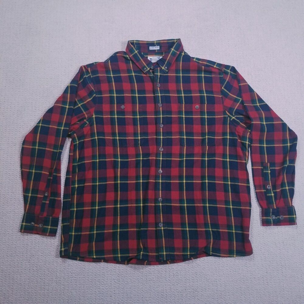 Duluth Trading Co Untucked Shirt Mens 2XL TALL Red Plaid Button Down Long Sleeve